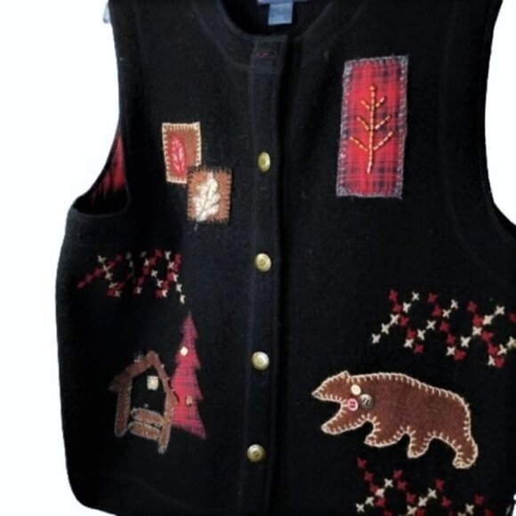 Vintage 80s Black WOOLRICH Navajo Red Bear Patch Oversized 100% Wool Vest - Picture 3 of 7